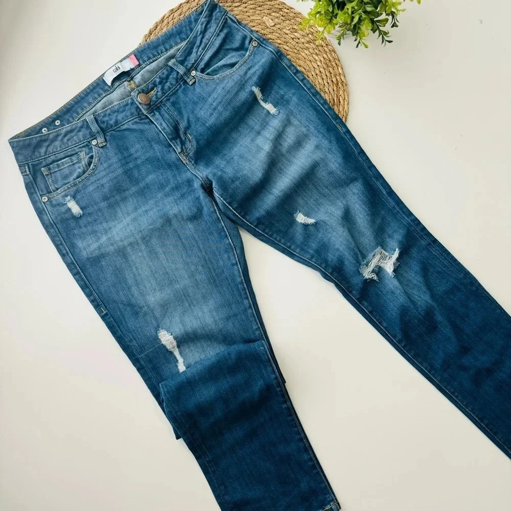 CAbi Jeans Slim Boyfriend Distressed Stretch Whiskering‎ Dark Wash Blue Size 8